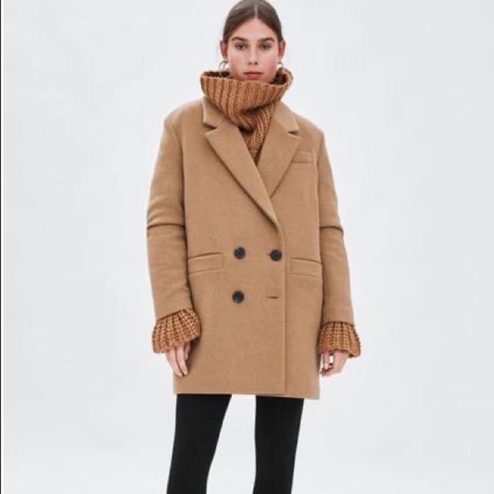 Zara trf Masculine camel tan oversized double breasted coat Size XXL - Picture 2 of 8